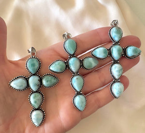 Large Larimar Cross Pendant Necklace - Sterling Silver Snake Box Link Chain - Gift Idea
