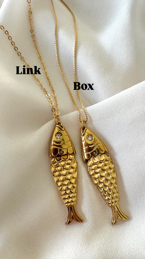 Articulated Gold Sardine Fish Pendant Necklace - Gold Filled Chain