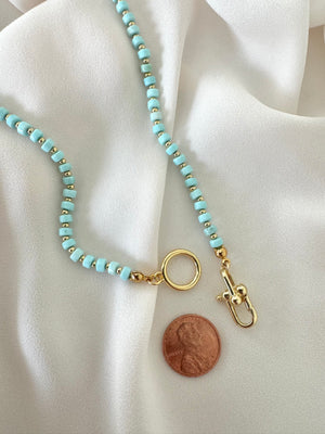 Real Beaded Turquoise Necklace with Large Gold Filled Clasp - December Birthstone