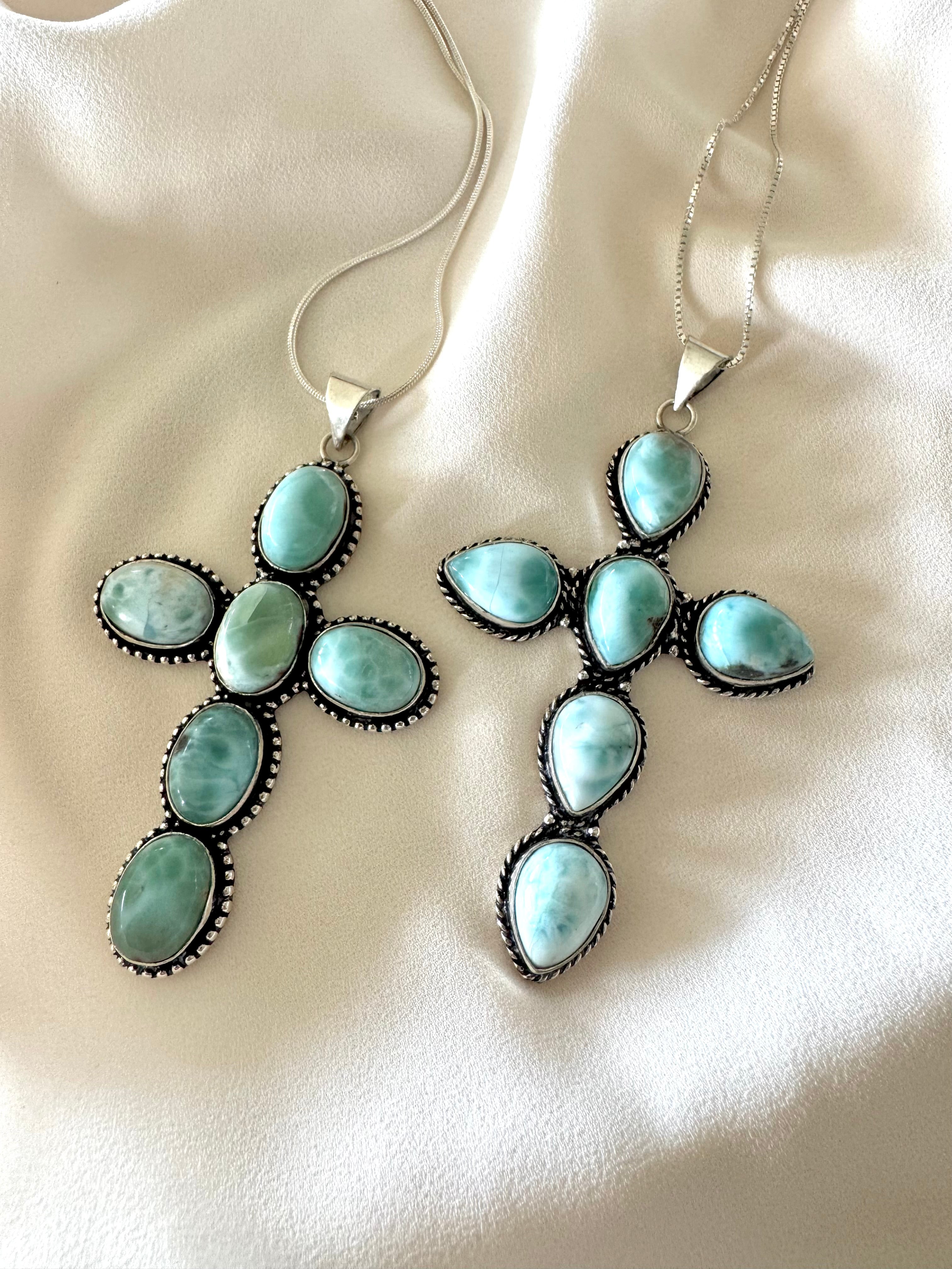Large Larimar Cross Pendant Necklace - Sterling Silver Snake Box Link Chain - Gift Idea