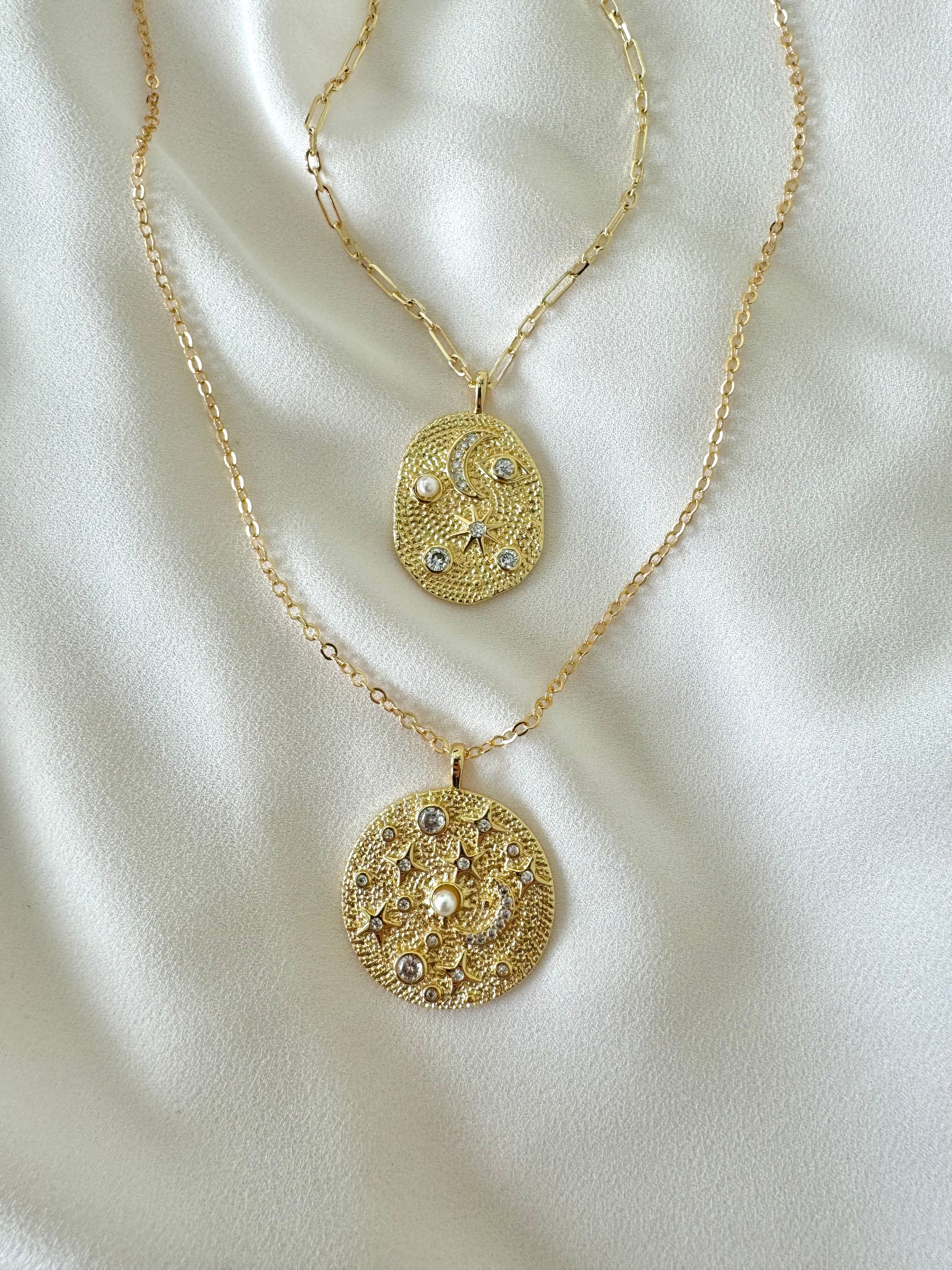 Gold Filled Sun Moon and Stars Coin Pendant Necklaces - Pearls and CZ Crystals