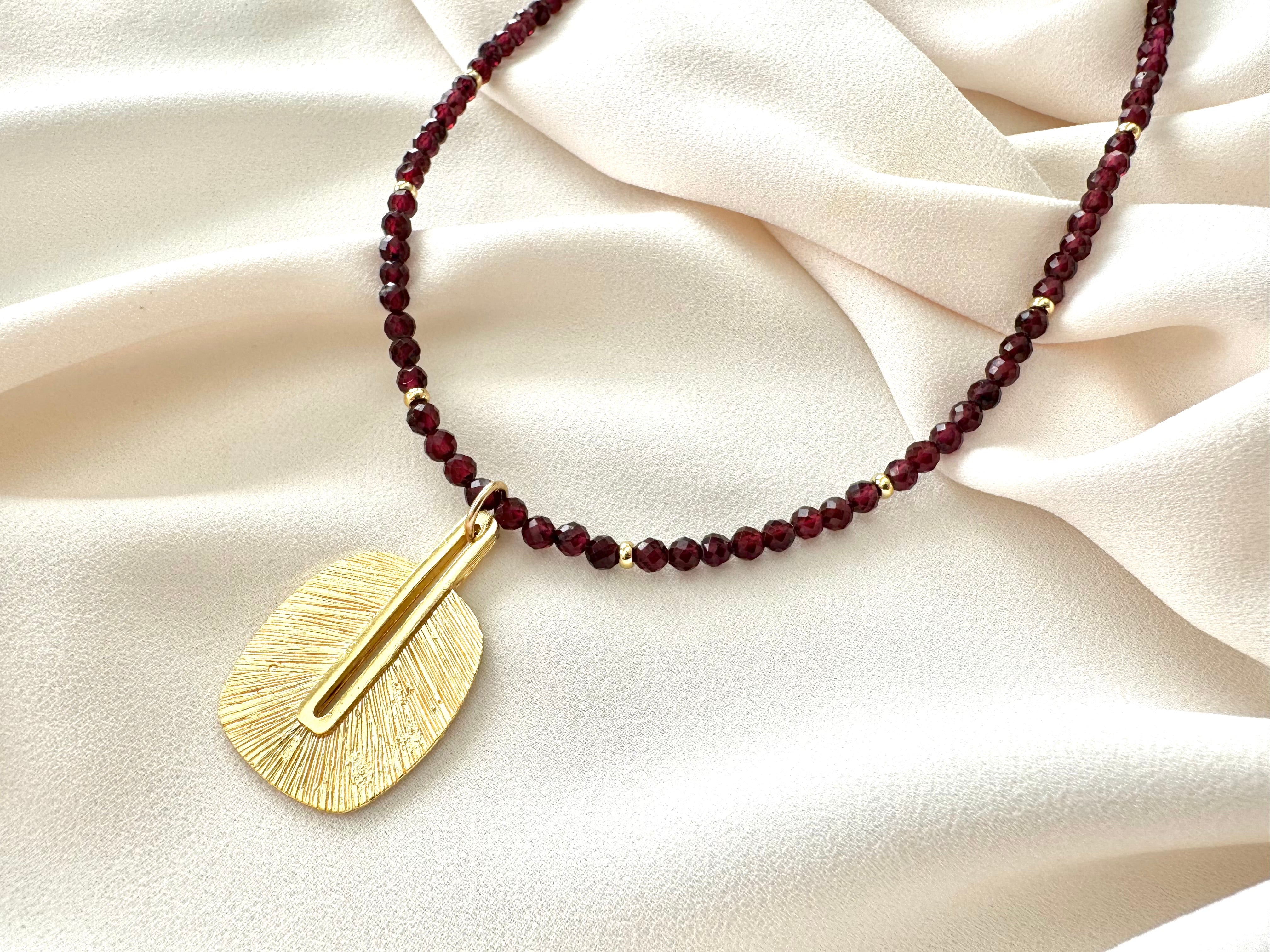 Genuine Garnet Beaded Necklace with Rustic Gold Pendant - January Birthstone