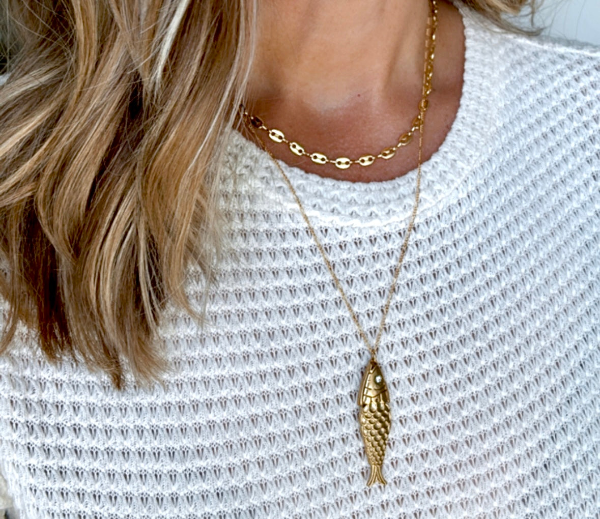 Articulated Gold Sardine Fish Pendant Necklace - Gold Filled Chain