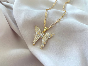 Gold Filled Micro Pave Butterfly Pendant Necklace - April Birthstone