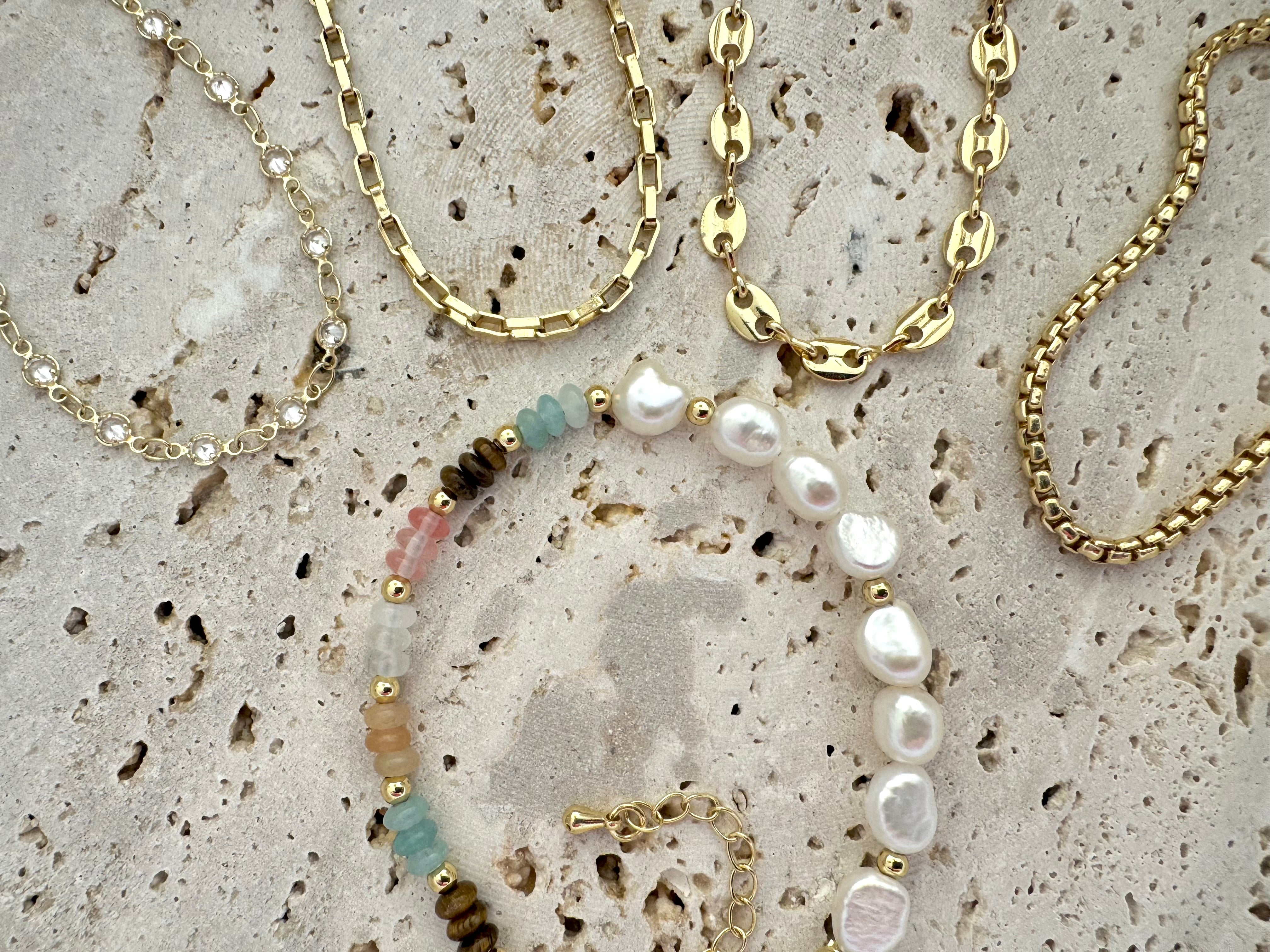 Keshi Pearl + Gemstone Bracelet - Gold Filled Mariner Chain Bracelet - Rolo Bracelet - Paperclip Chain