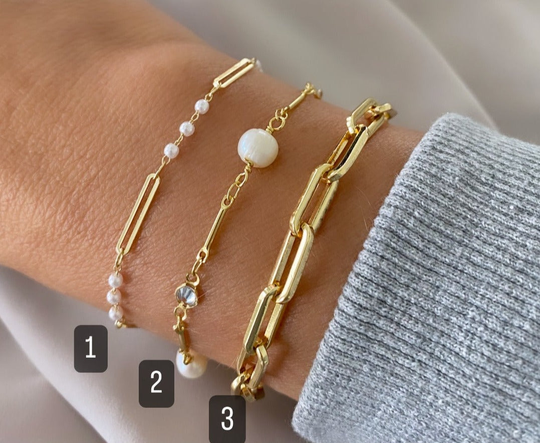 Gold Filled Paperclip Bracelet Pearl and Crystal Link Bracelet Gold Fill Bar Chain Dainty Stacking Bracelets Minimalist Jewelry Gift Idea June Birthstone
