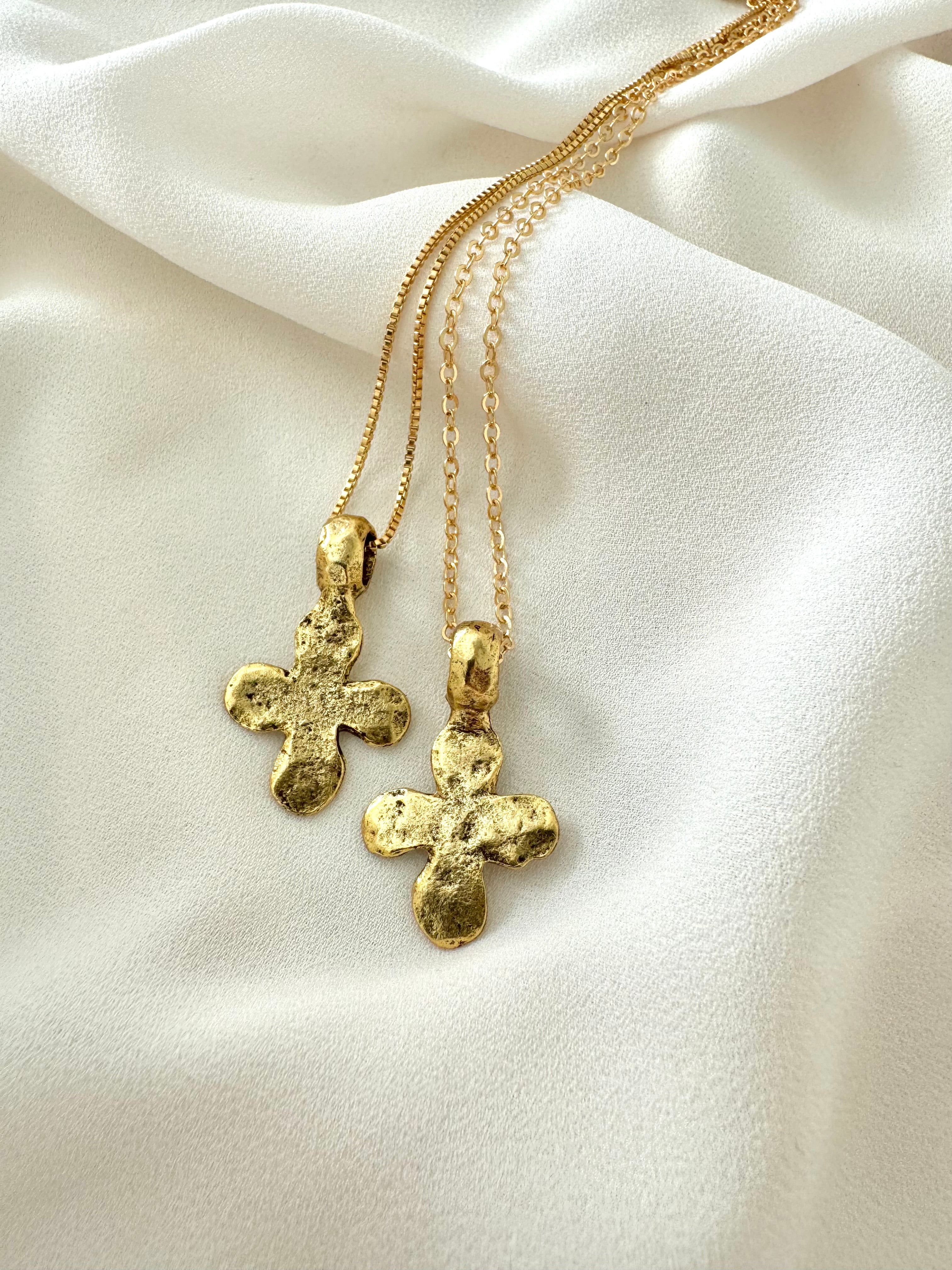 Ancient Rustic Hammered Cross Pendant Necklace - Gold Filled Chain