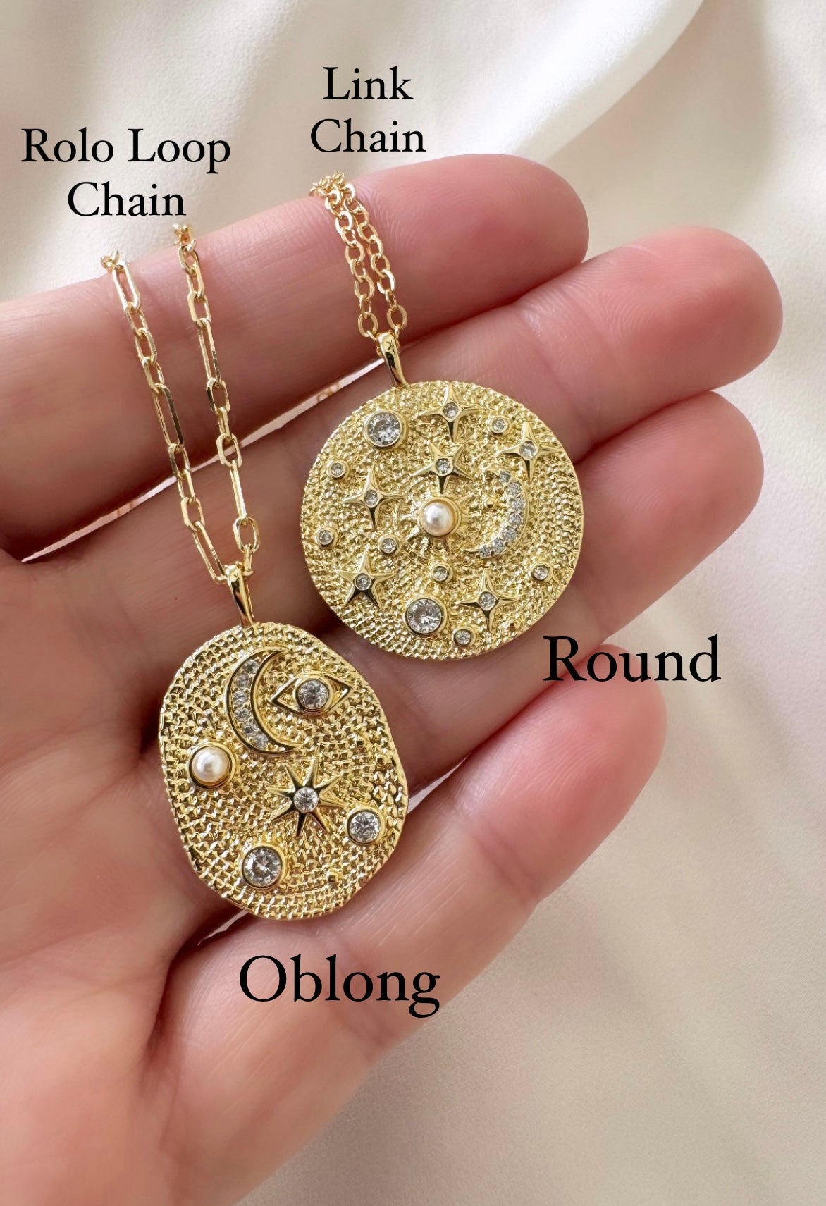 Gold Filled Sun Moon and Stars Coin Pendant Necklaces - Pearls and CZ Crystals