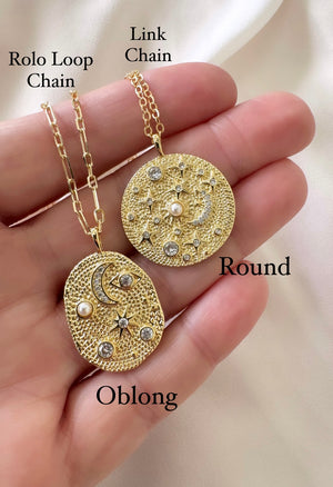 Gold Filled Sun Moon and Stars Coin Pendant Necklaces - Pearls and CZ Crystals