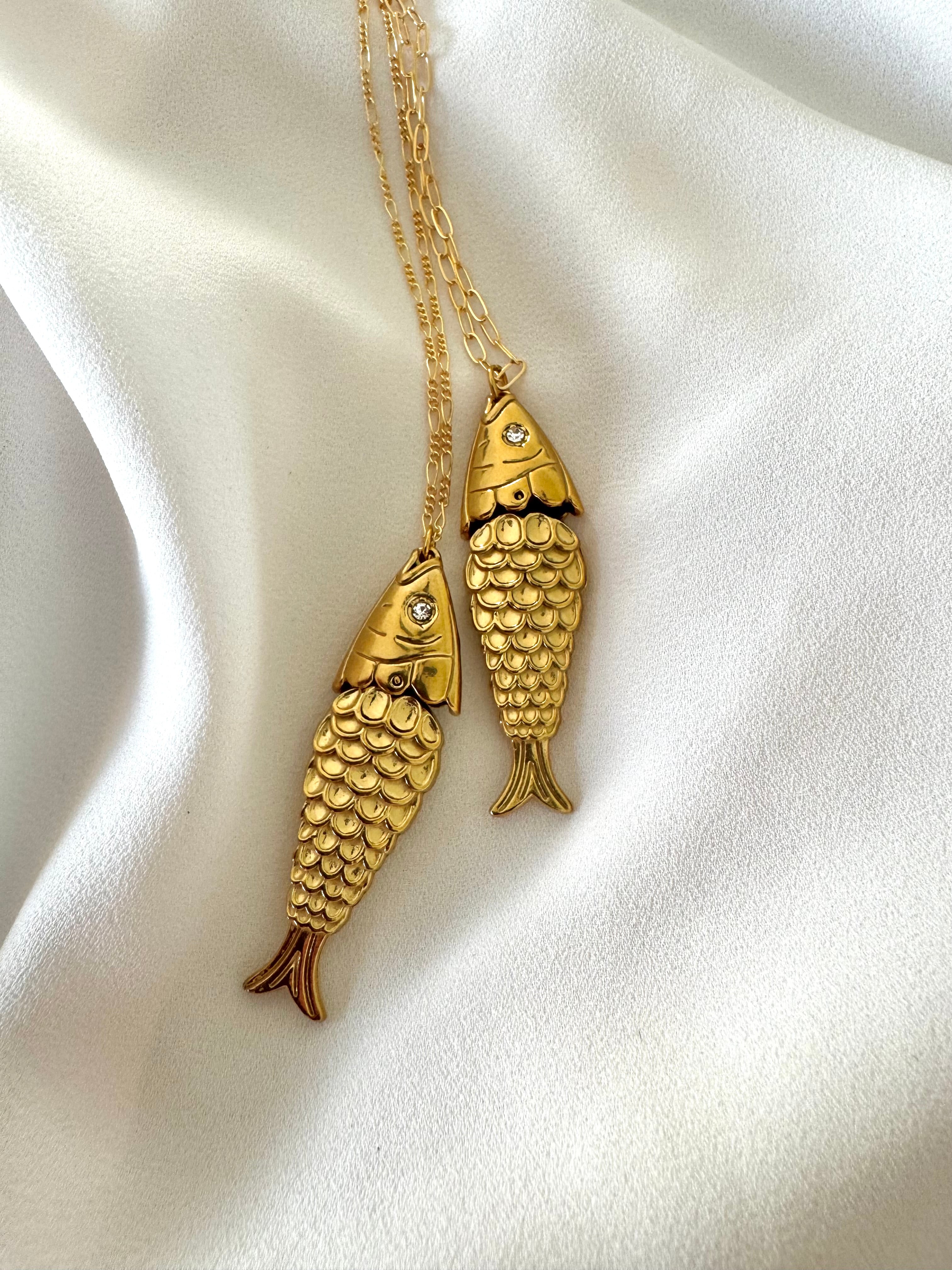 Articulated Gold Sardine Fish Pendant Necklace - Gold Filled Chain