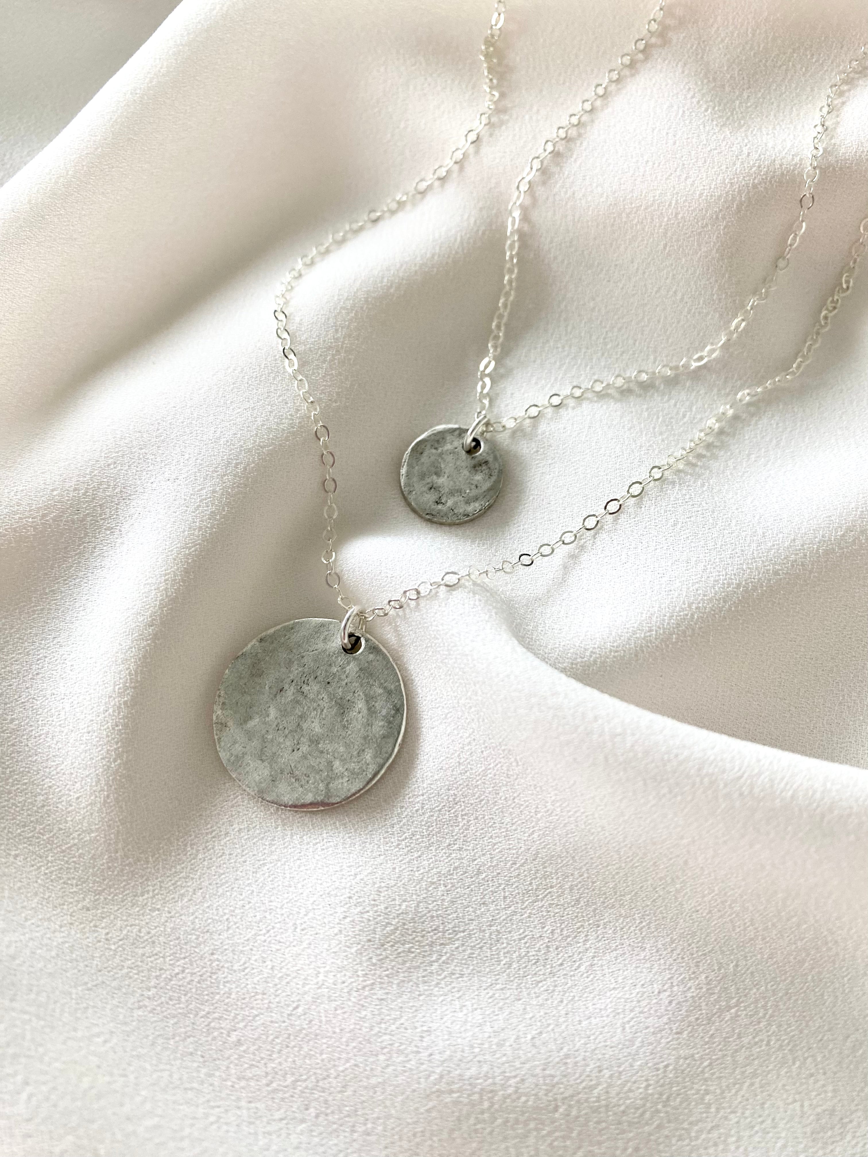 Hammered Pewter Silver Coin Pendant Necklace