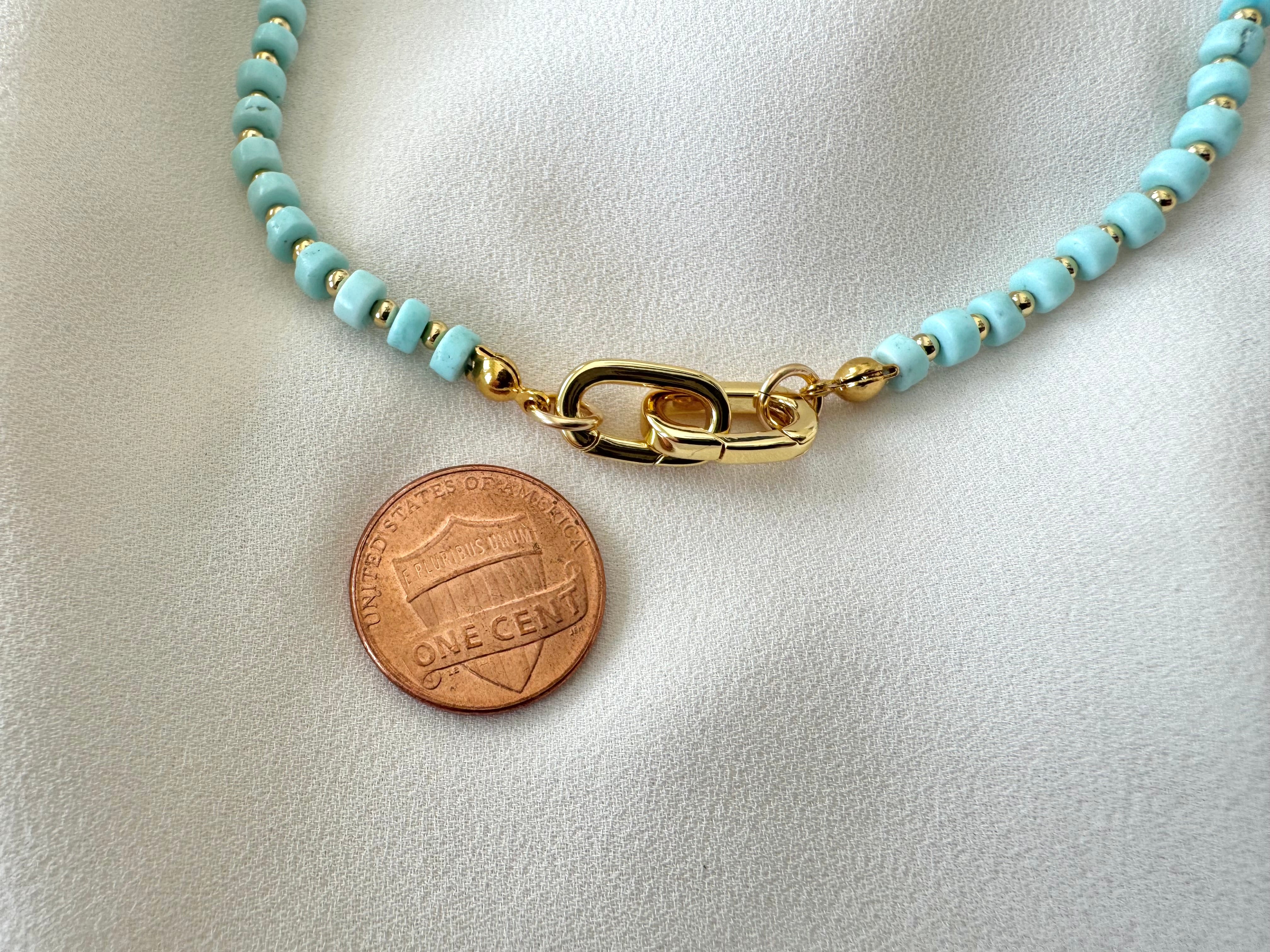 Real Beaded Turquoise Necklace with Large Gold Filled Clasp - December Birthstone