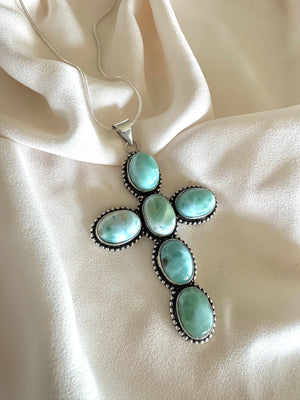 Large Larimar Cross Pendant Necklace - Sterling Silver Snake Box Link Chain - Gift Idea