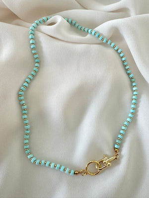 Real Beaded Turquoise Necklace with Large Gold Filled Clasp - December Birthstone
