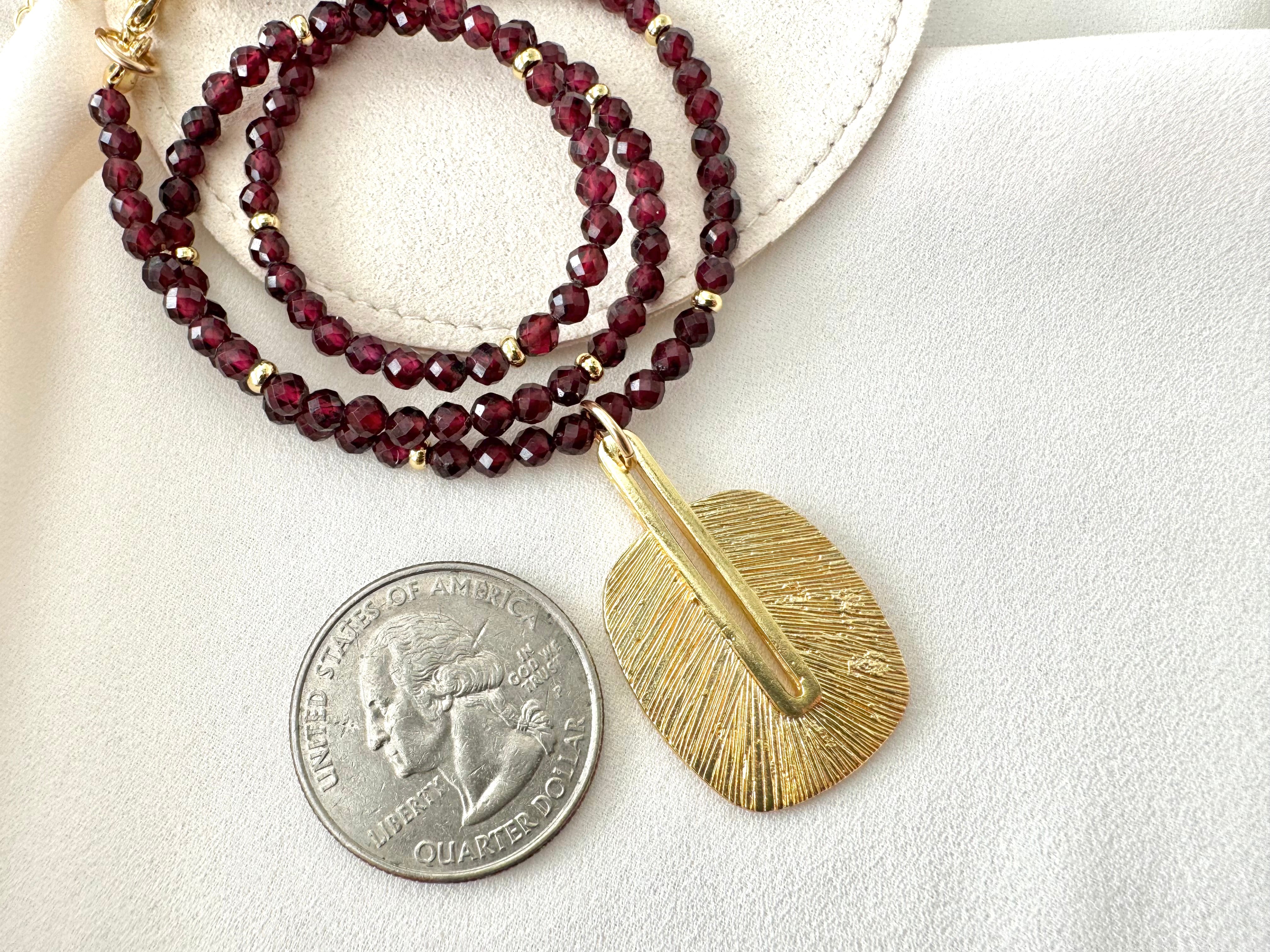 Genuine Garnet Beaded Necklace with Rustic Gold Pendant - January Birthstone