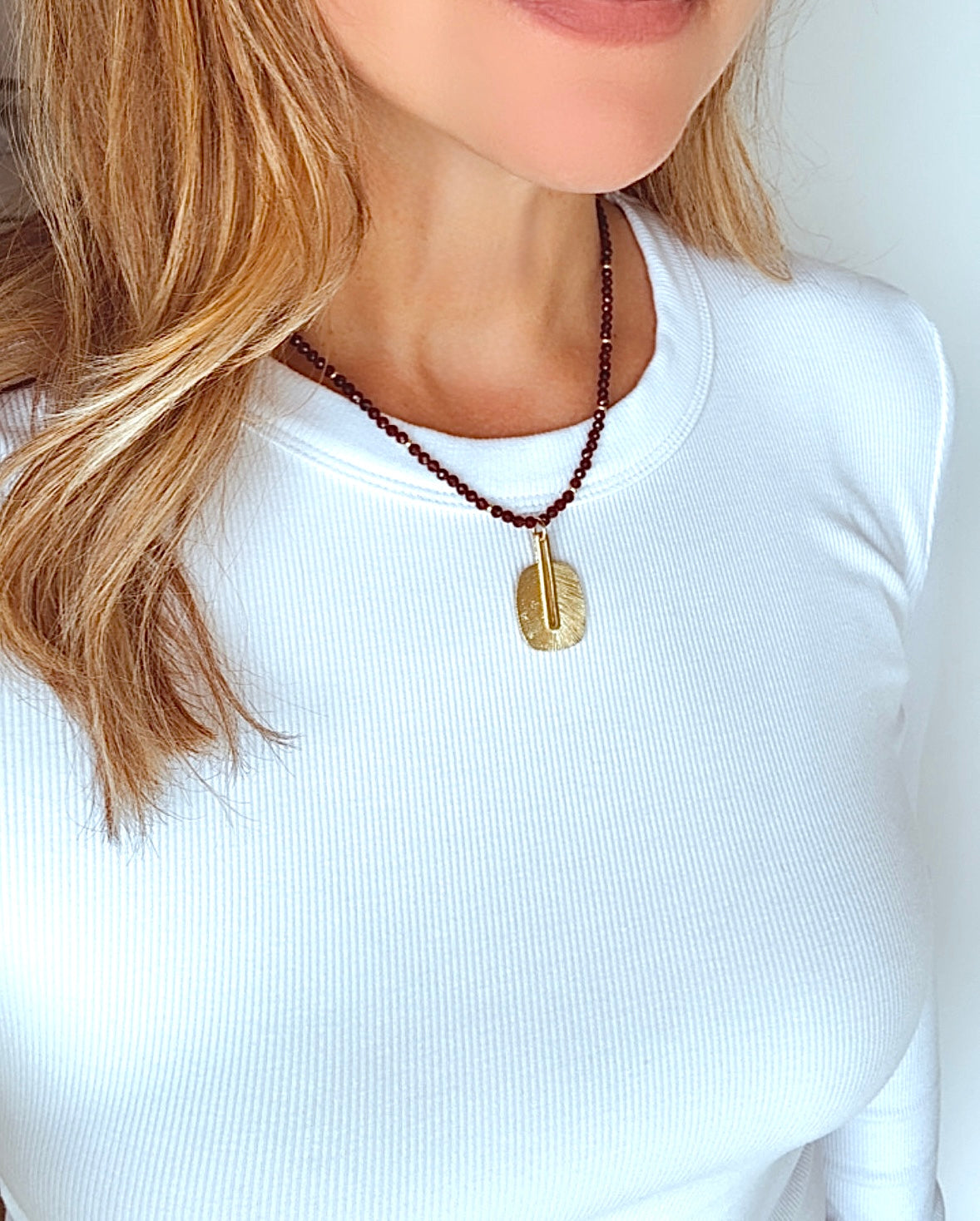 Genuine Garnet Beaded Necklace with Rustic Gold Pendant - January Birthstone