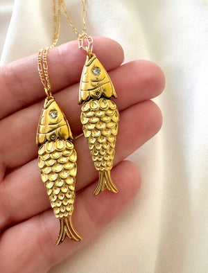 Articulated Gold Sardine Fish Pendant Necklace - Gold Filled Chain