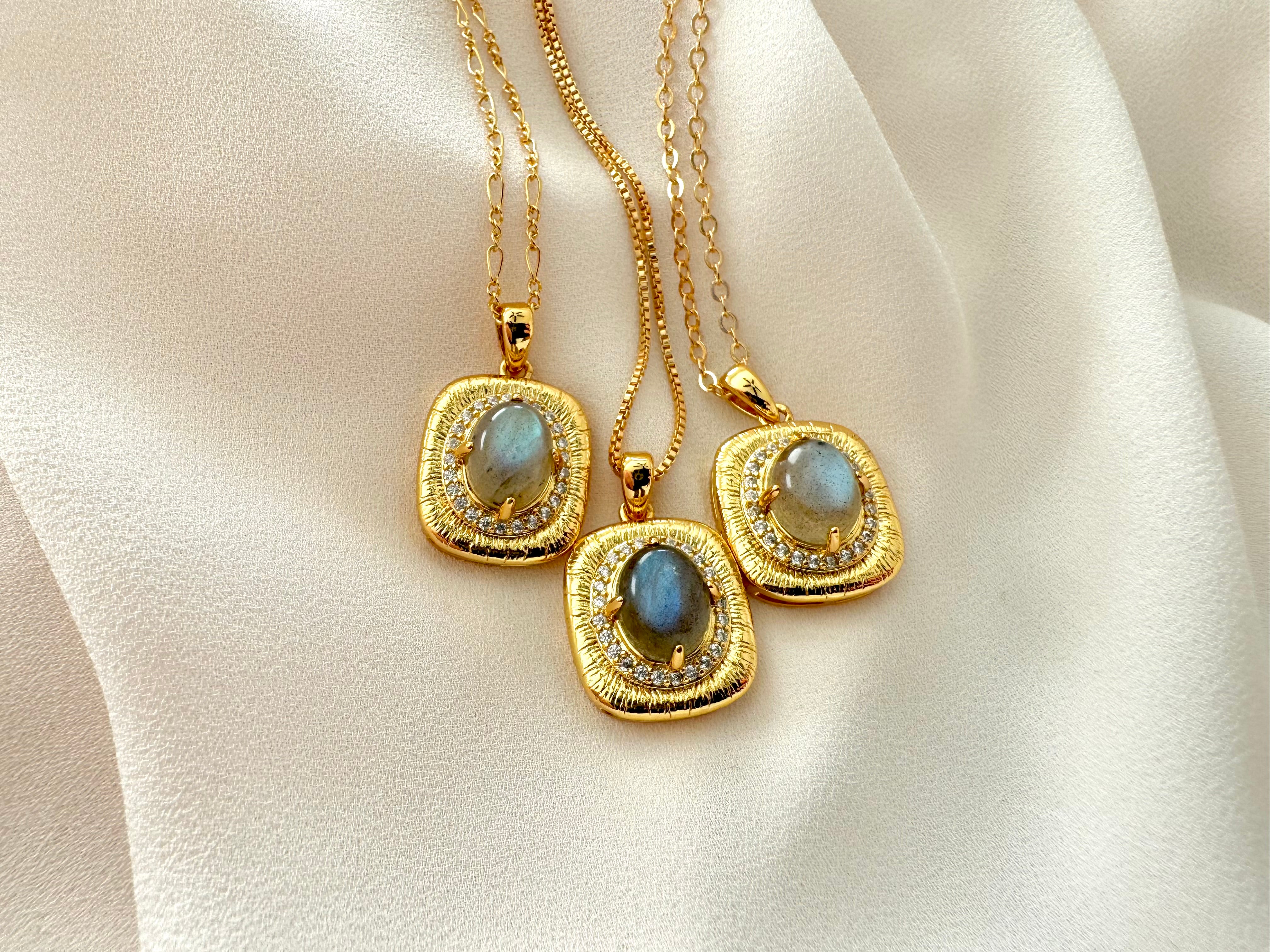 Gold Filled Oval Labradorite Pendant Square Framed Gemstone Pave Necklace Figaro Box Chain