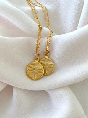 Gold Vermeil Dragonfly Coin Necklace - Gold Filled Chain - Figaro Satellite Box