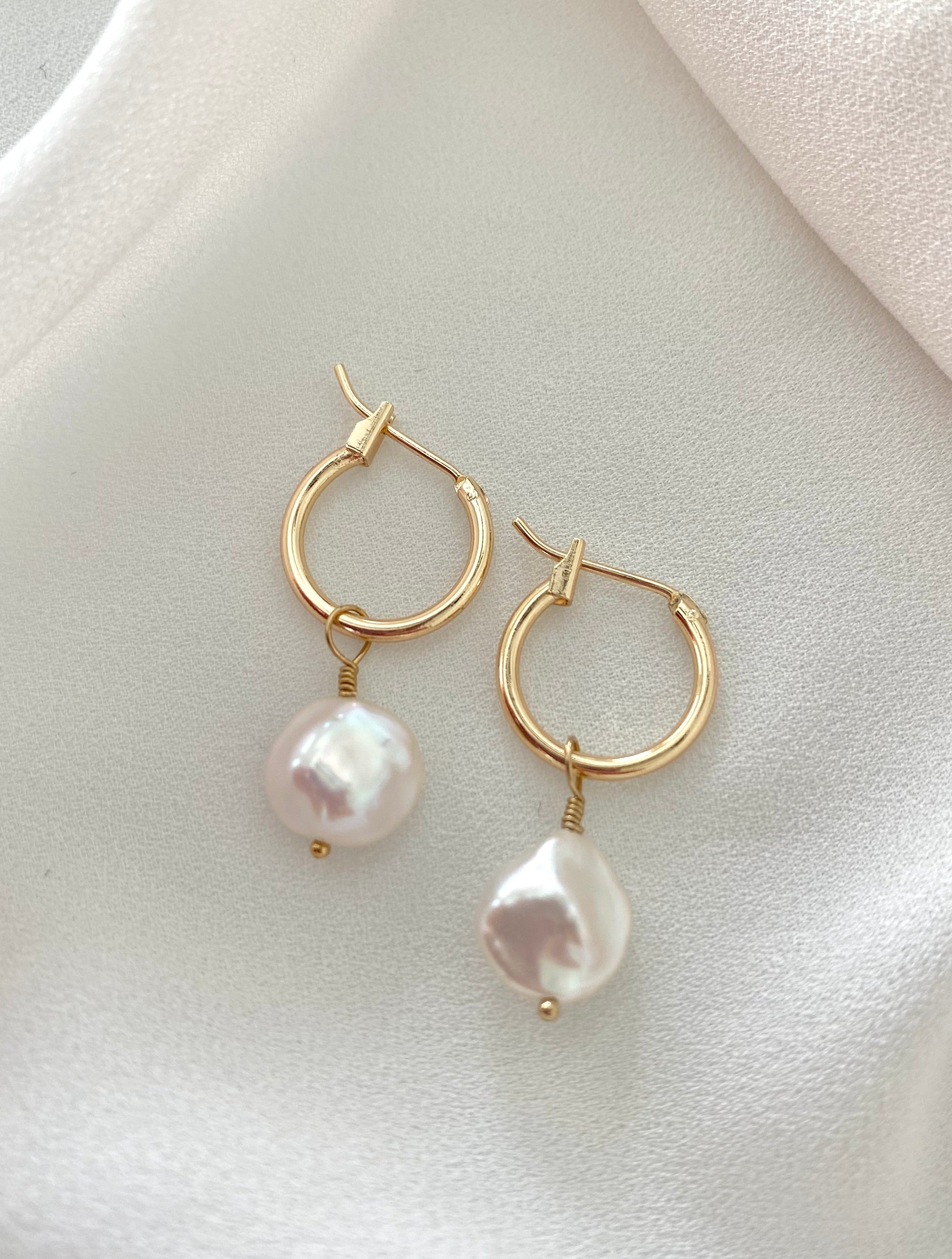 Gold Filled Hoop Earrings with Pearl Charms Dainty Gold Hoops Pearl Dangle Drop Earrings Modern Pearl Jewelry Minimalist 2 in 1 Earring Set