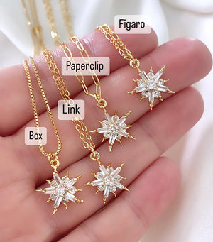 Crystal Necklace Gold Filled Baguette Pendant Necklace Starburst CZ Charm Necklace Minimalist Crystal Jewelry Christmas Gift Dainty Jewelry