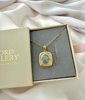 Gold Filled Oval Labradorite Pendant Square Framed Gemstone Pave Necklace Figaro Box Chain