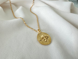 Gold Honey Bee Pendant Necklace - Gold Filled Chain - Figaro Box Paperclip Sunburst