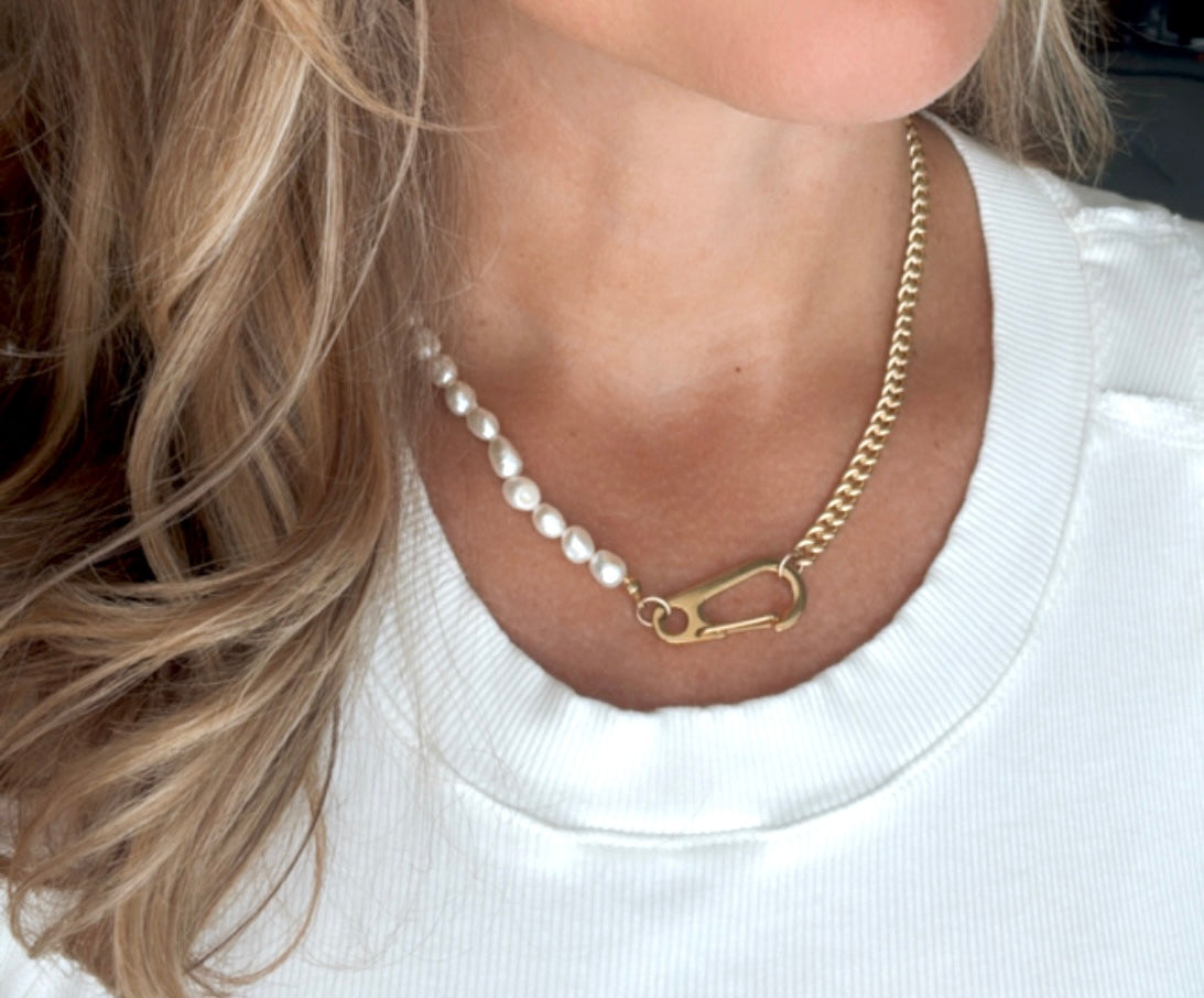 Gold Filled Half Pearl Half Cuban Curb Chain Necklace with Large Carabiner Clasp
