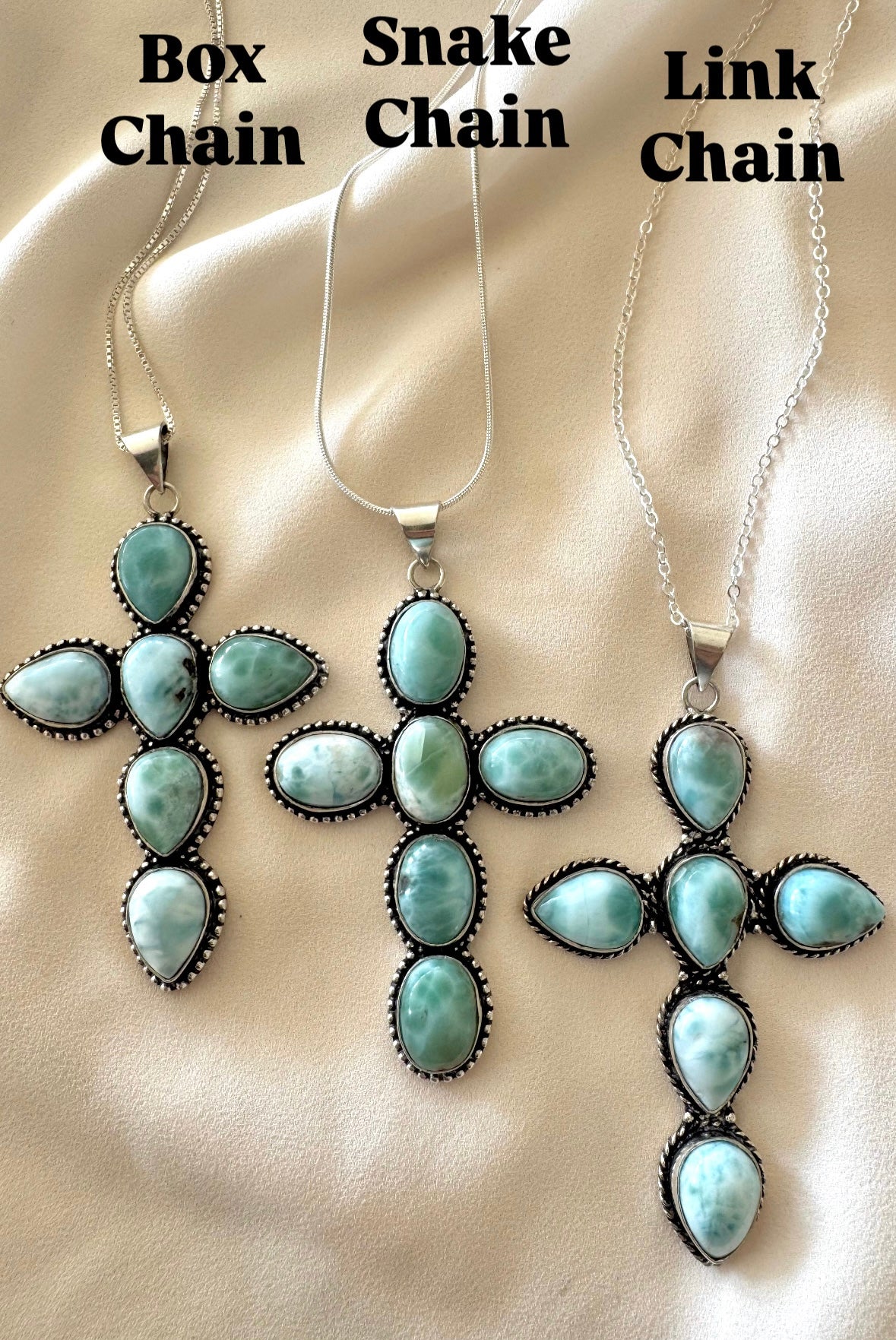 Large Larimar Cross Pendant Necklace - Sterling Silver Snake Box Link Chain - Gift Idea