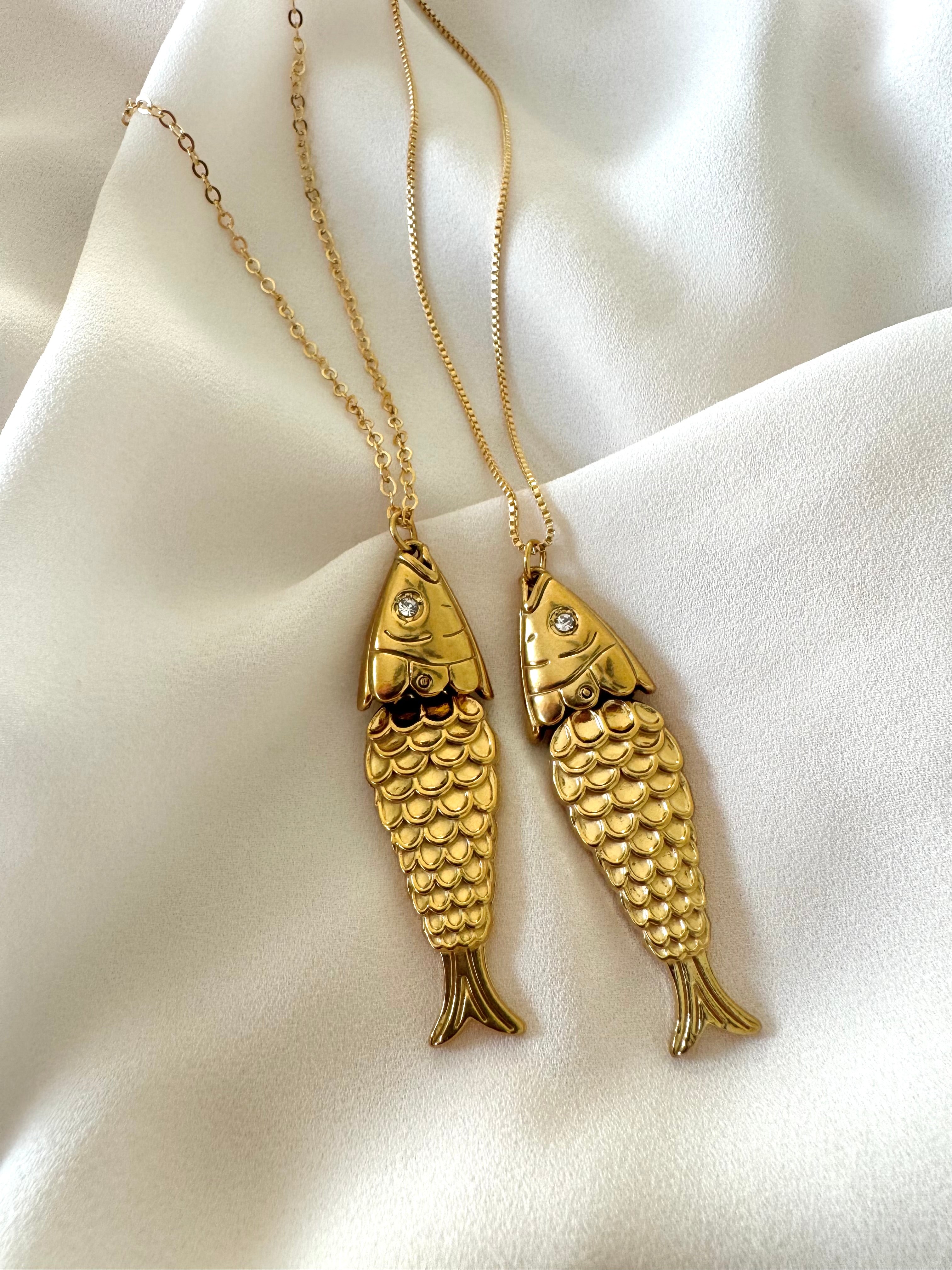 Articulated Gold Sardine Fish Pendant Necklace - Gold Filled Chain