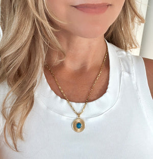 Vintage Style Blue Tiger's Eye Medallion Necklace - Gold Filled Chain - Thick Paperclip Chain
