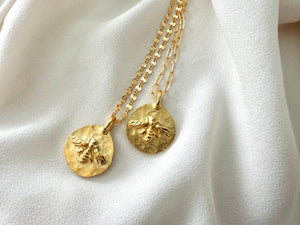 Gold Honey Bee Pendant Necklace - Gold Filled Chain - Figaro Box Paperclip Sunburst