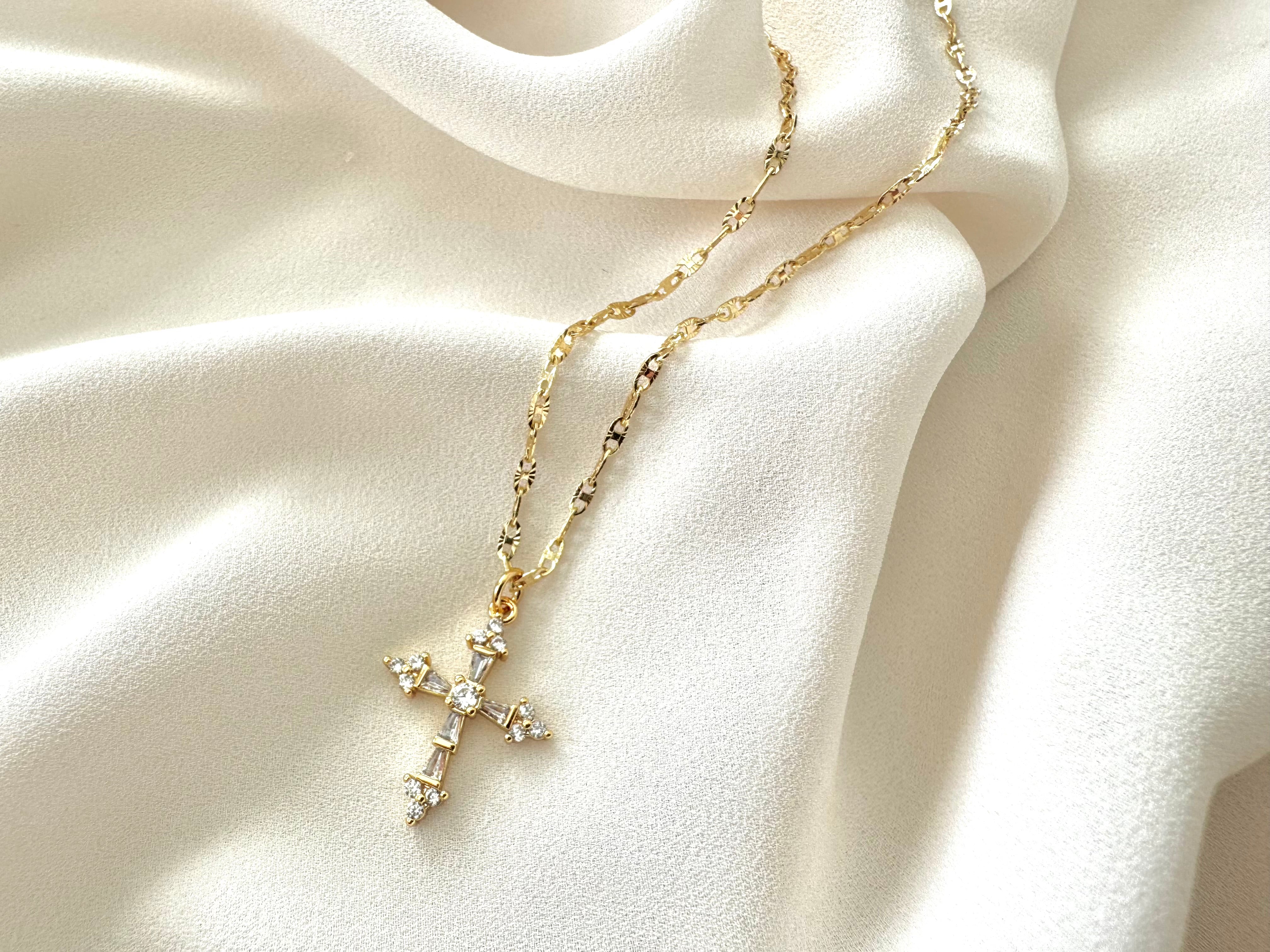Gold Filled CZ Crystal Cross Pendant Necklace