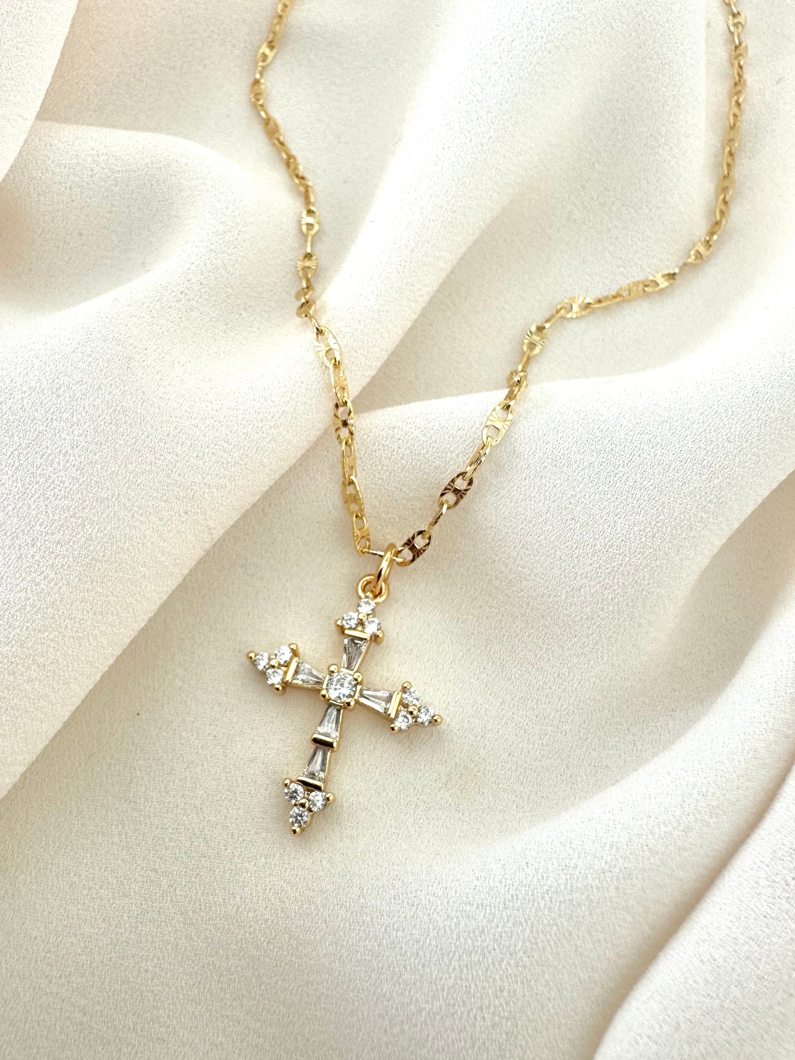 Gold Filled CZ Crystal Cross Pendant Necklace