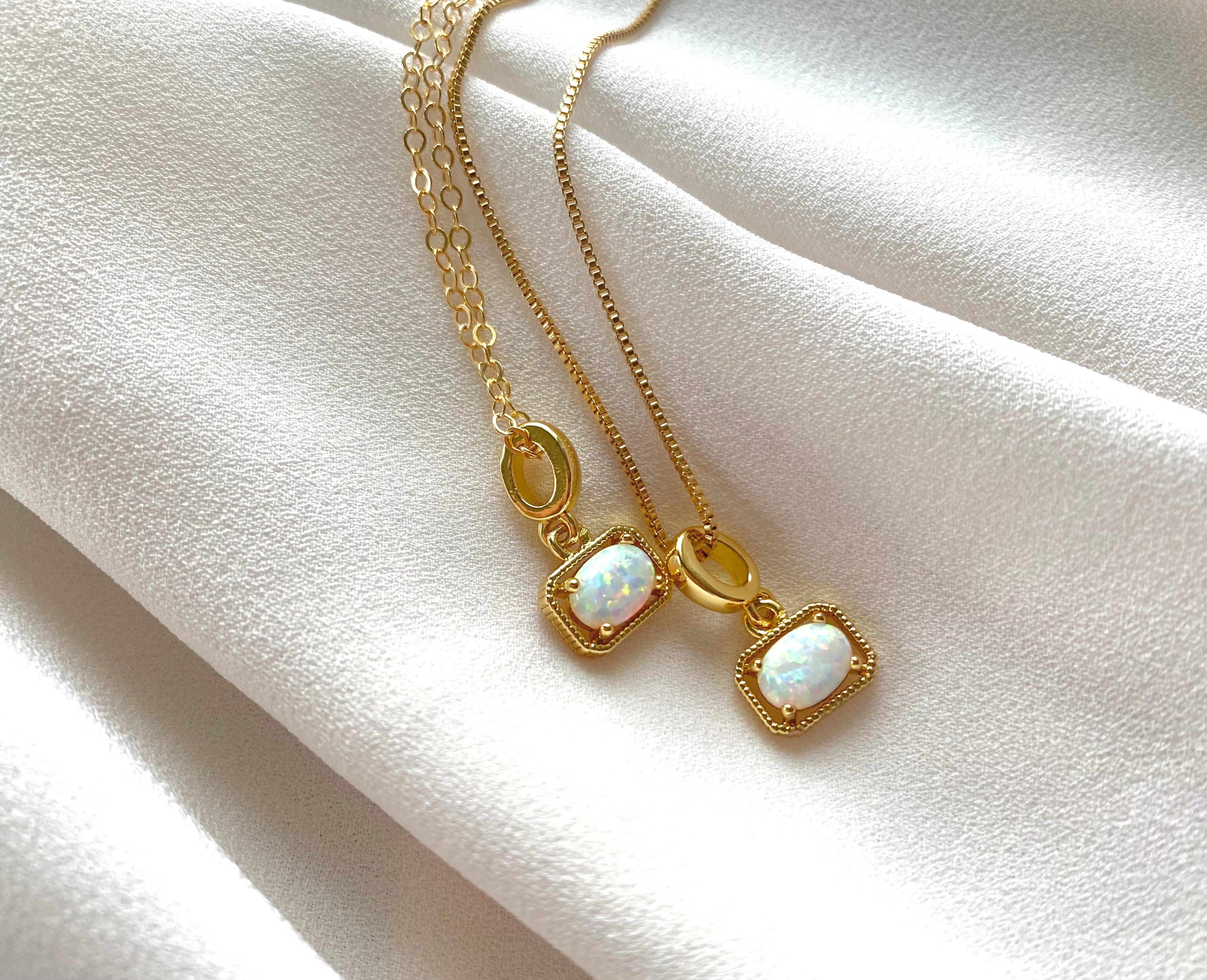 Opal Charm Necklace October Birthstone Jewelry Dainty Opal Necklace Gold Filled Opal Pendant Box Chain Christmas Gift Bridal Party Jewelry