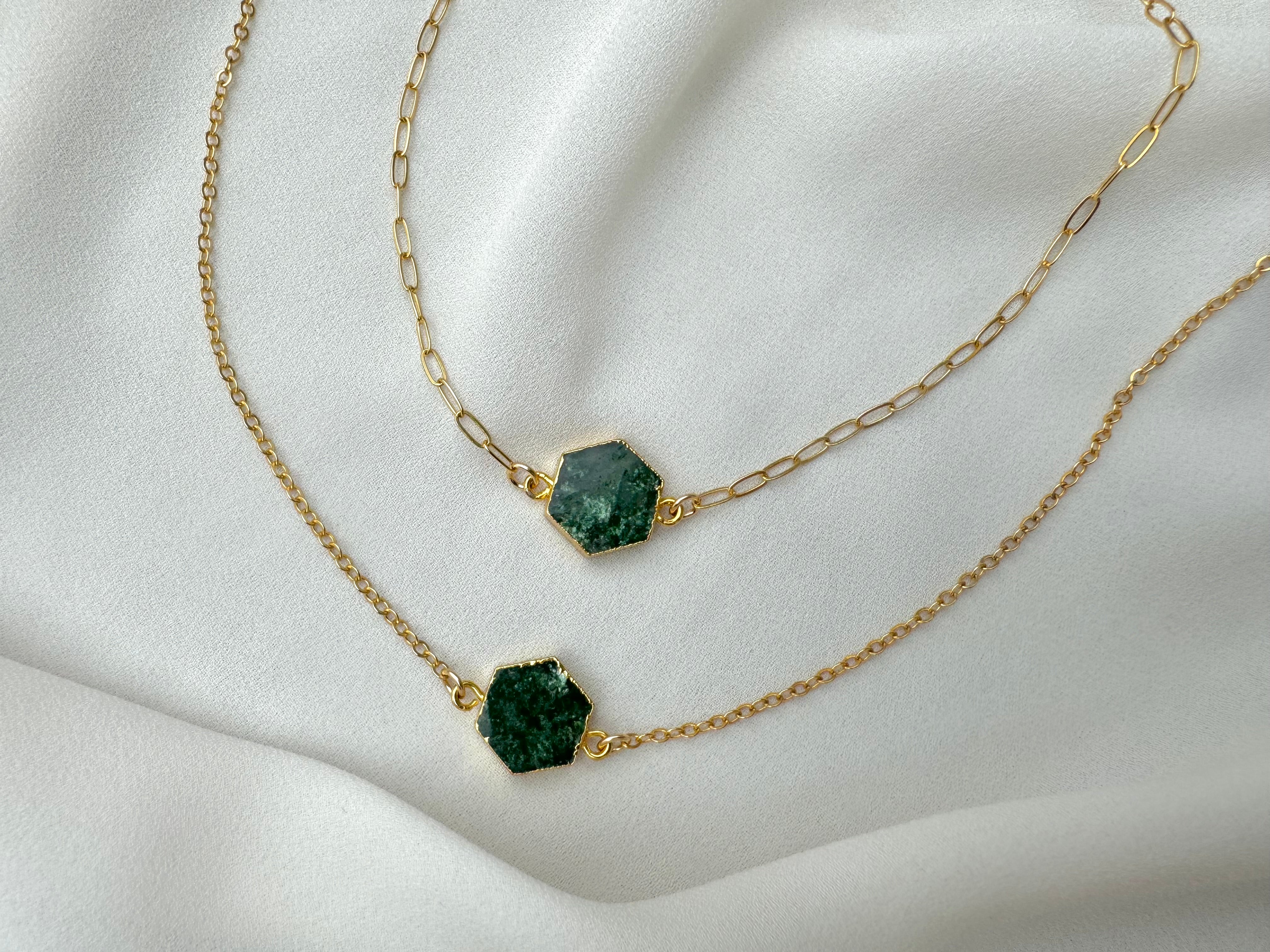 Aventurine Necklace - Hexagon Shaped Aventurine Pendant Necklace - Gold Filled Gemstone Jewelry