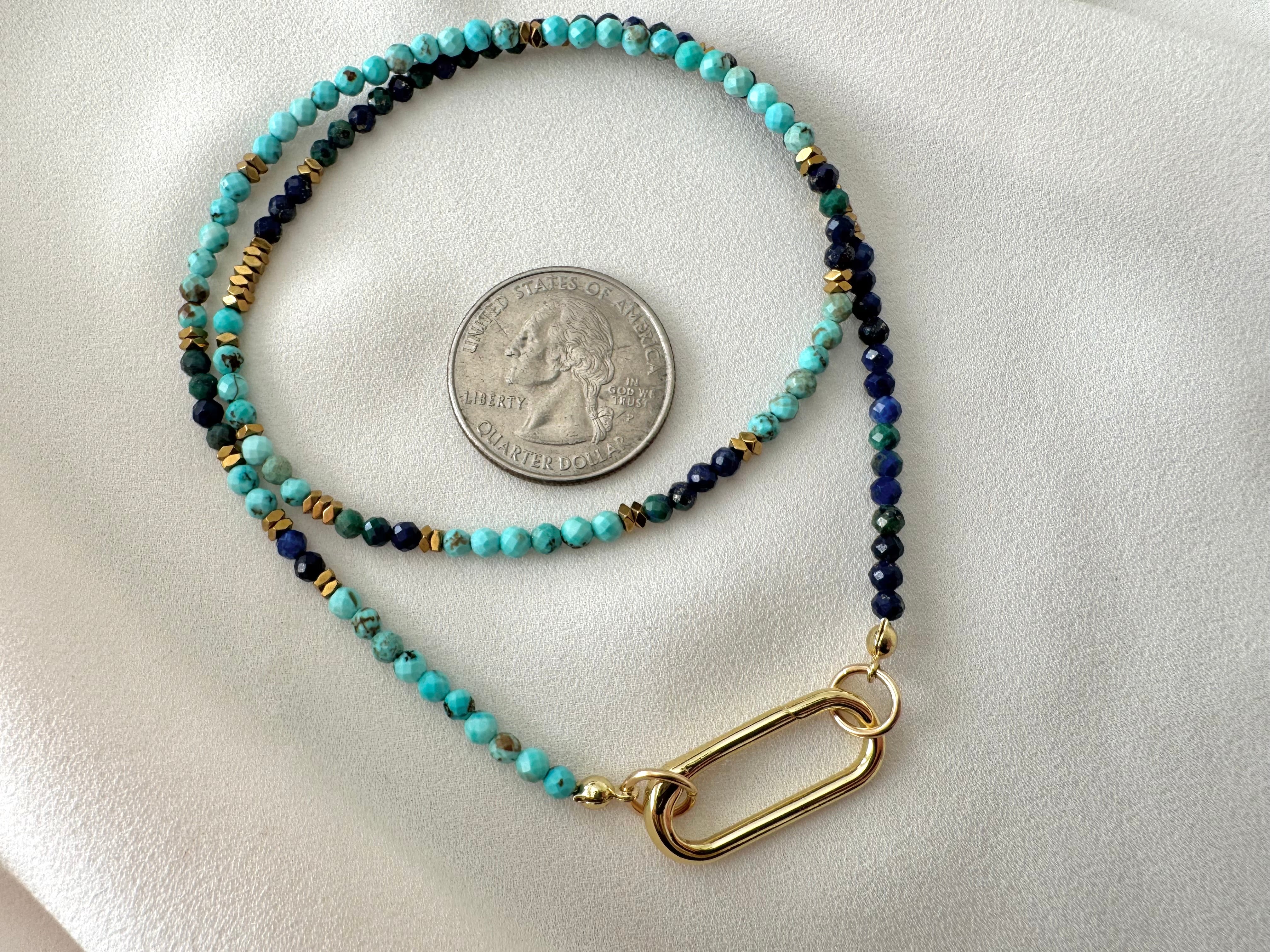 Dainty Beaded Turquoise Lapis Lazuli Malachite Necklace - Gold Filled Charm Clasp Carabiner