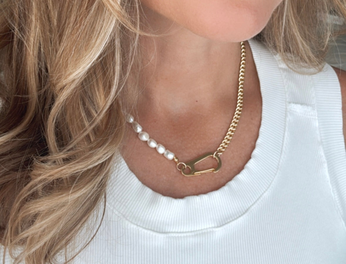 Gold Filled Half Pearl Half Cuban Curb Chain Necklace with Large Carabiner Clasp