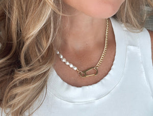 Gold Filled Half Pearl Half Cuban Curb Chain Necklace with Large Carabiner Clasp