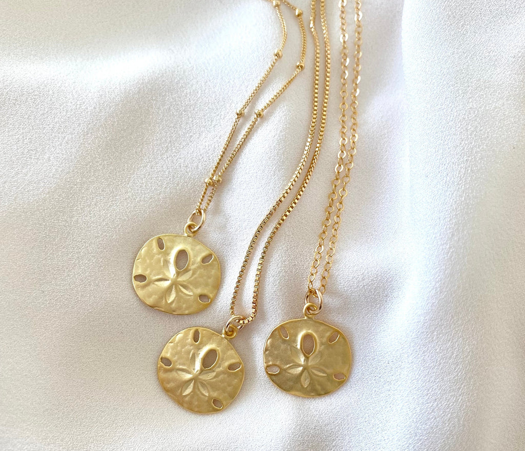 Gold Sand Dollar Pendant Necklace - Vermeil Gold Pendant - Gold Filled Chain - Figaro Box Satellite Link Chains