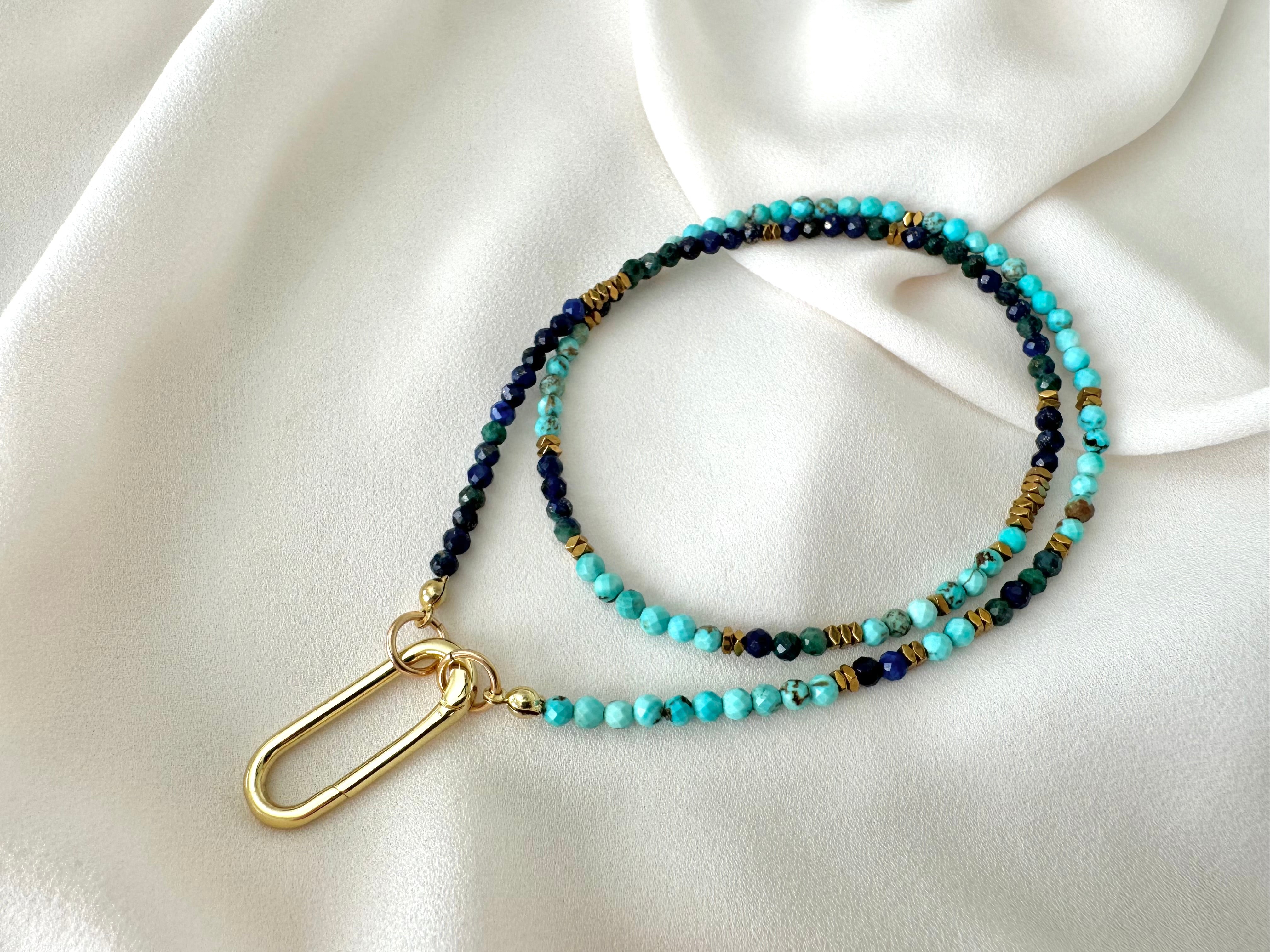 Dainty Beaded Turquoise Lapis Lazuli Malachite Necklace - Gold Filled Charm Clasp Carabiner