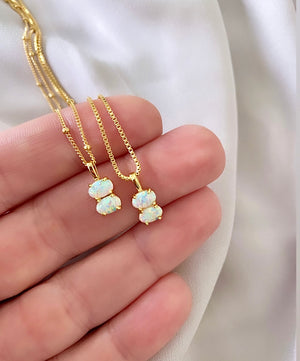 Dainty Opal Necklace October Birthstone Jewelry Gold Filled Opal Pendant Double Opal Stones Charm Genuine Opal Crystal Necklaces Gift Idea