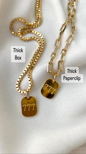 Gold Filled 777 Pendant Necklace Chunky Box Chain Thick Paperclip Necklace Religious Pendant Angel Necklace Numbers Charm Meaningful Gifts