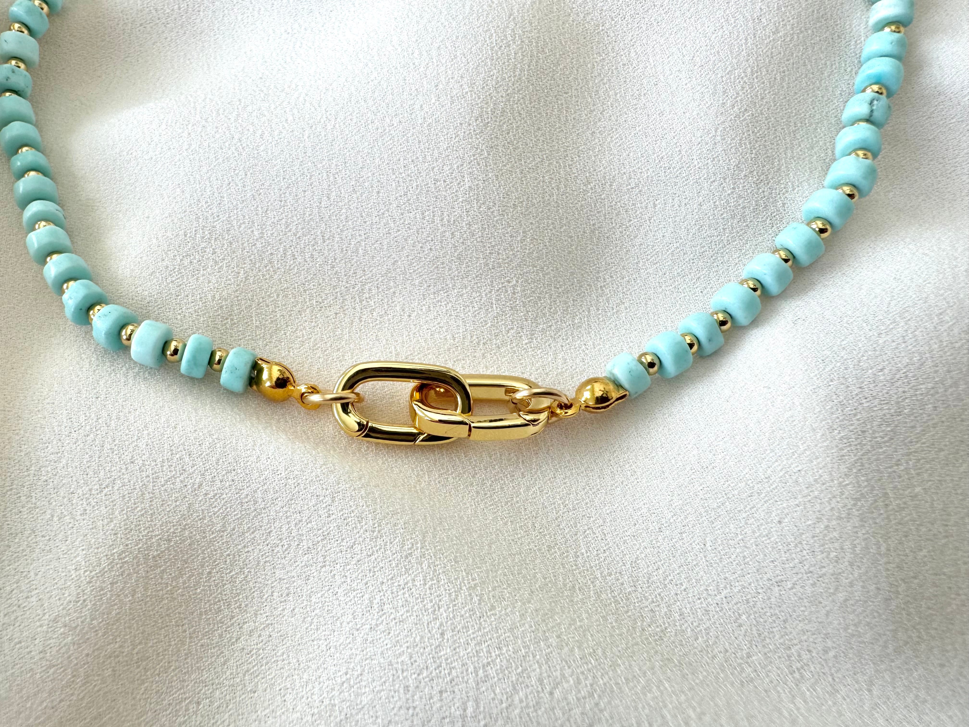 Real Beaded Turquoise Necklace with Large Gold Filled Clasp - December Birthstone