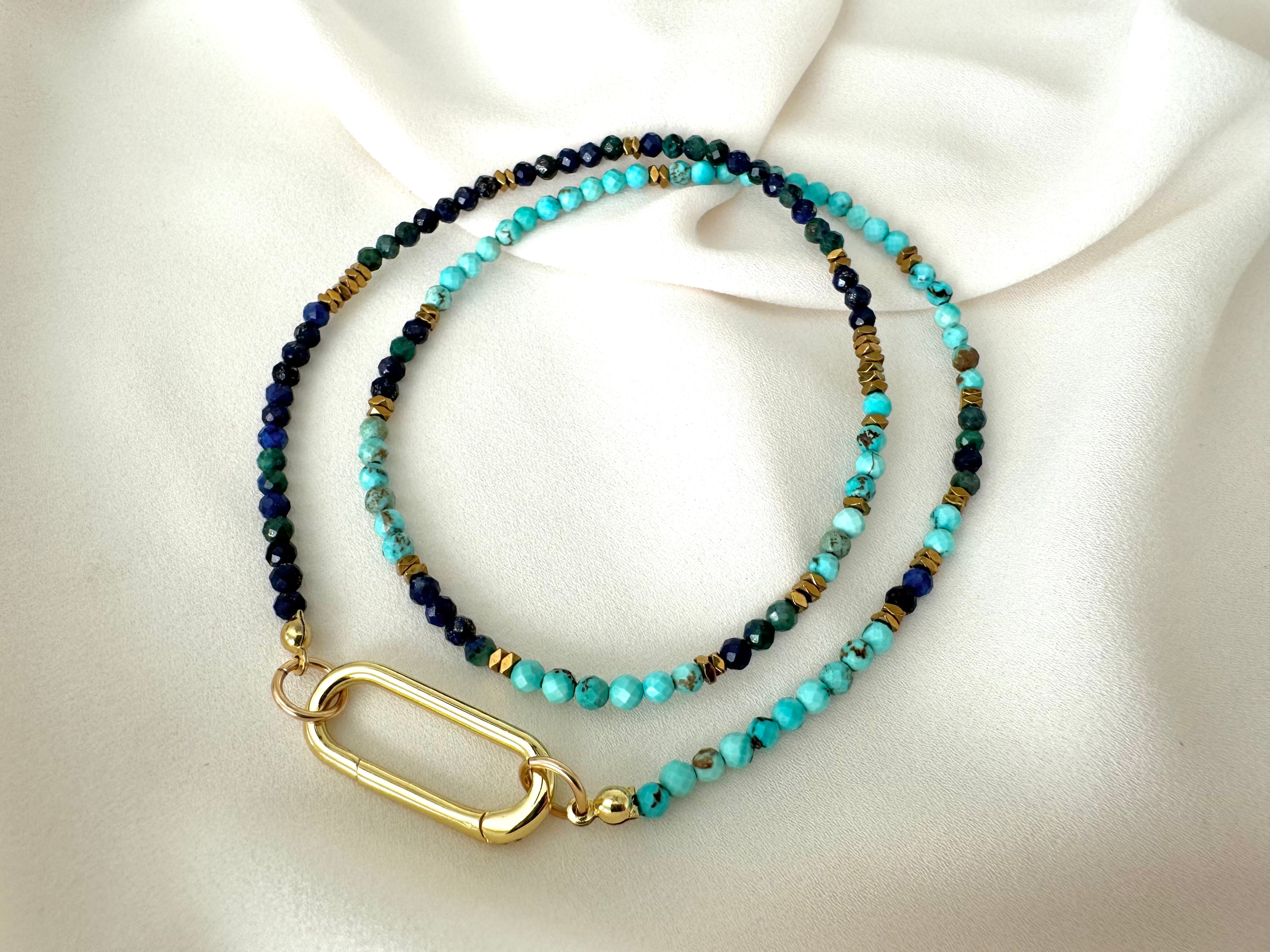 Dainty Beaded Turquoise Lapis Lazuli Malachite Necklace - Gold Filled Charm Clasp Carabiner
