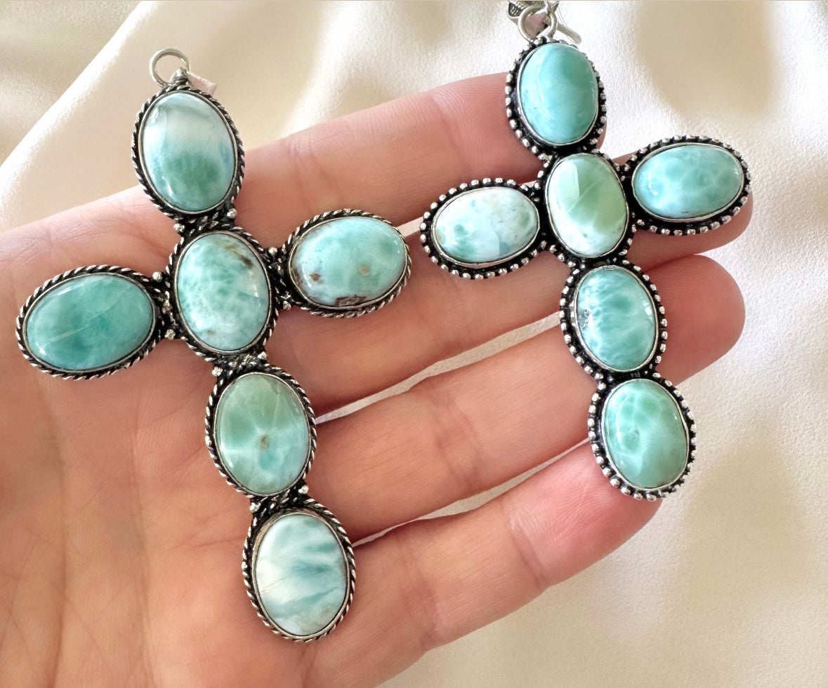 Large Larimar Cross Pendant Necklace - Sterling Silver Snake Box Link Chain - Gift Idea