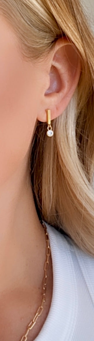 Gold Filled Bar Earrings Crystal CZ Charm Studs Clear Quartz Dangle Charm Earrings Minimalist Line Earrings with Crystal Christmas Gift