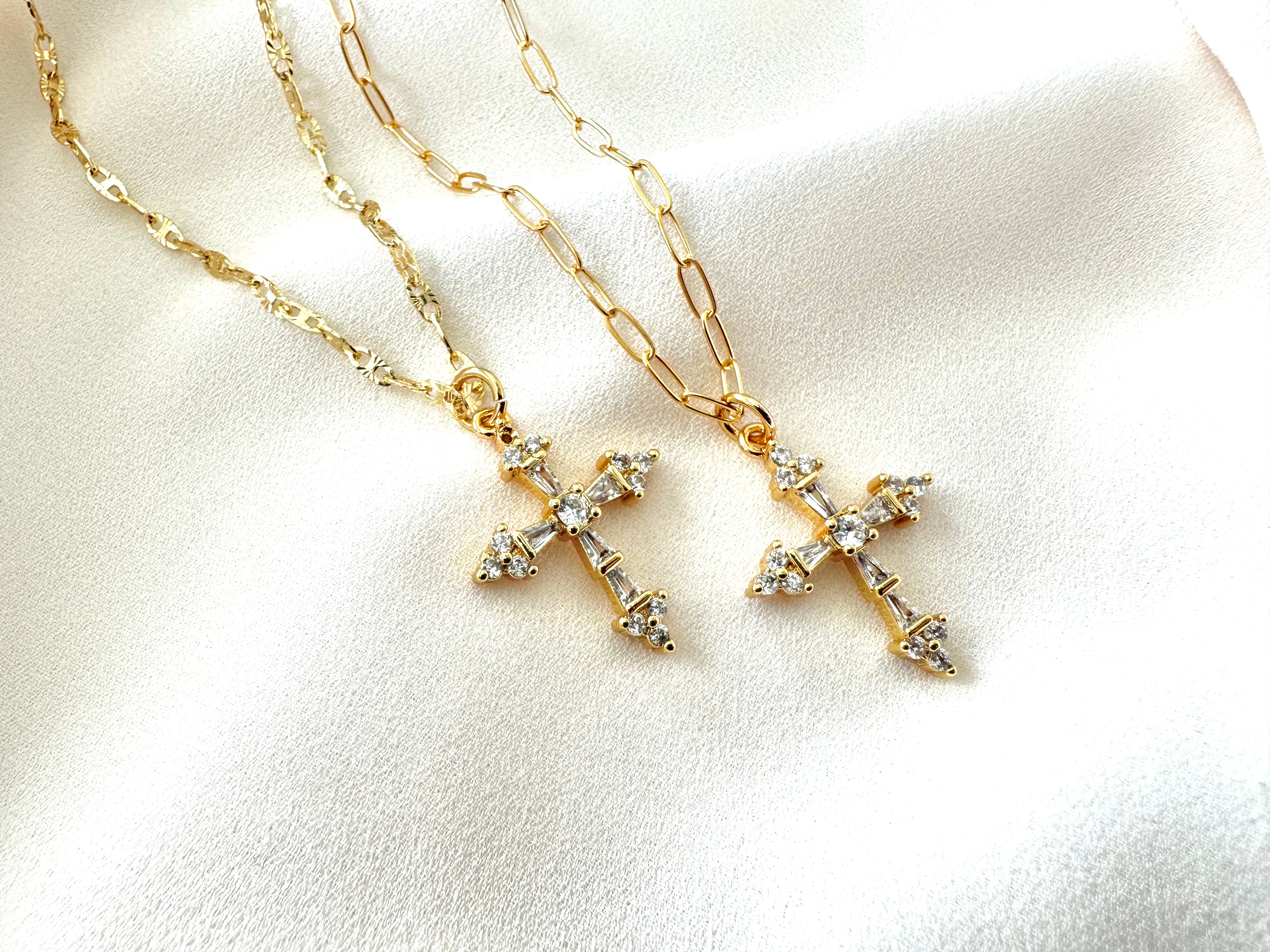 Gold Filled CZ Crystal Cross Pendant Necklace