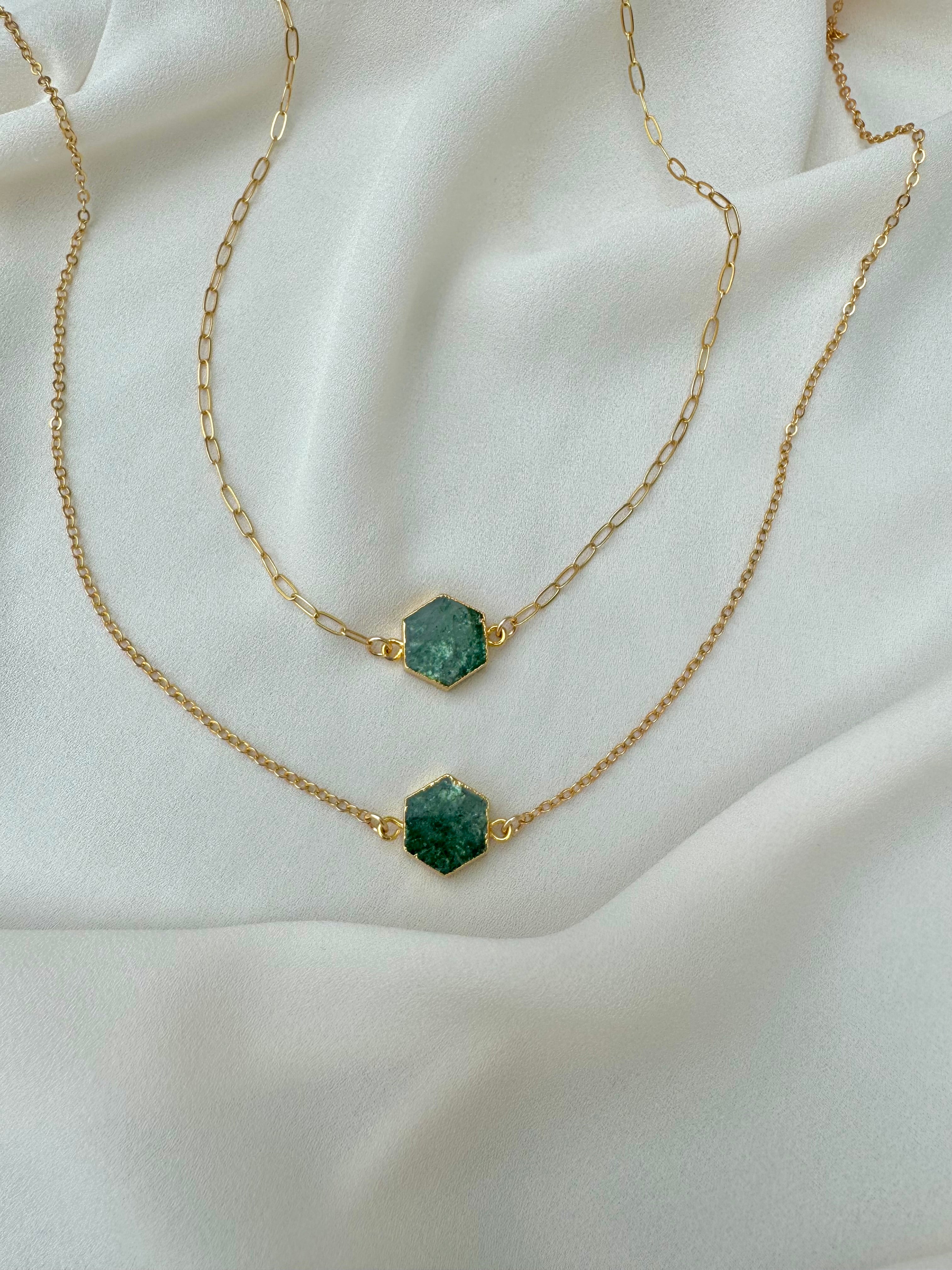 Aventurine Necklace - Hexagon Shaped Aventurine Pendant Necklace - Gold Filled Gemstone Jewelry