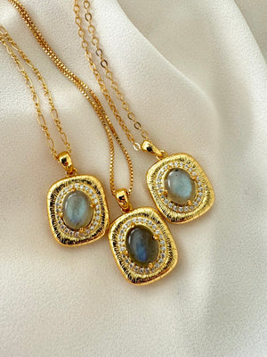 Gold Filled Oval Labradorite Pendant Square Framed Gemstone Pave Necklace Figaro Box Chain